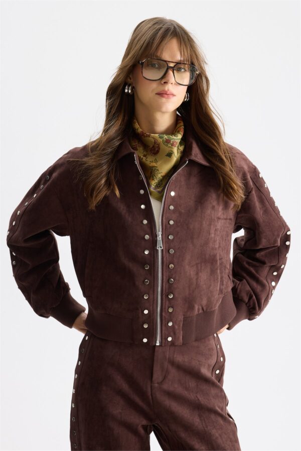 Elastic-Cuff Studded Suede Bomber Jacket – Brown
