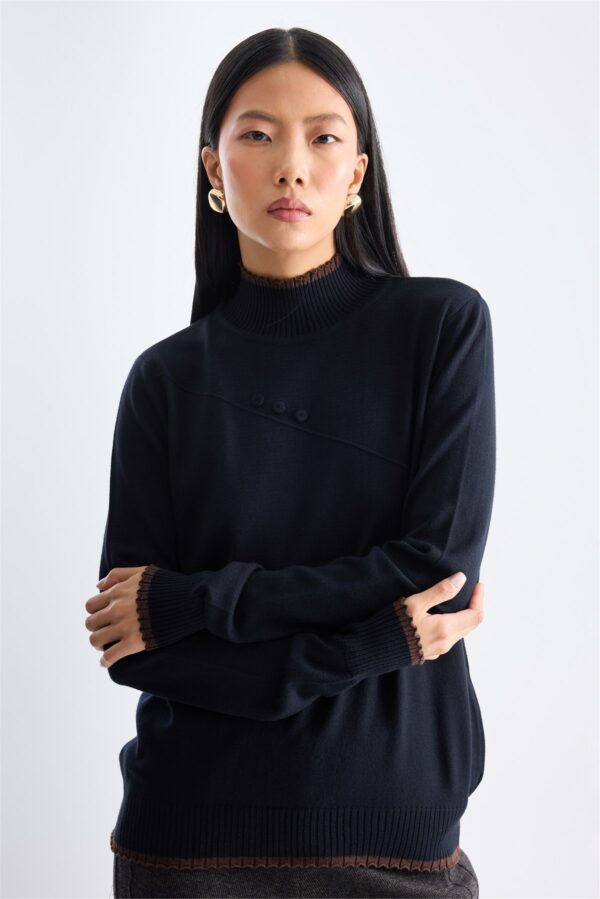 Ornamental Button Roll-Neck Jumper – Black