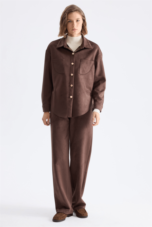 Pocket-Detail Suede Polo Shirt – Brown