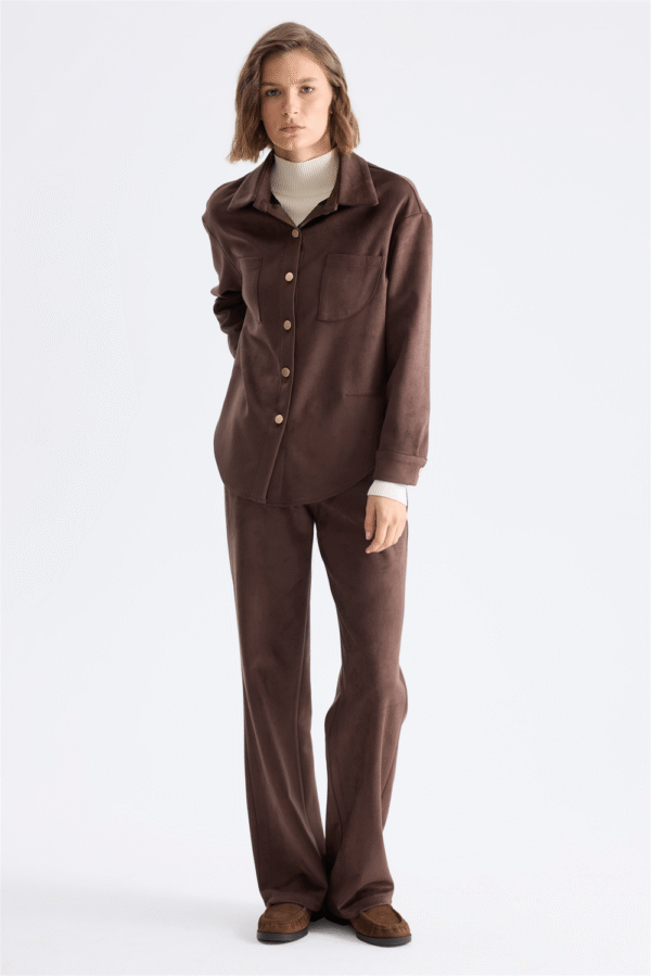 High-Waist Wide-Leg Suede Trousers – Brown